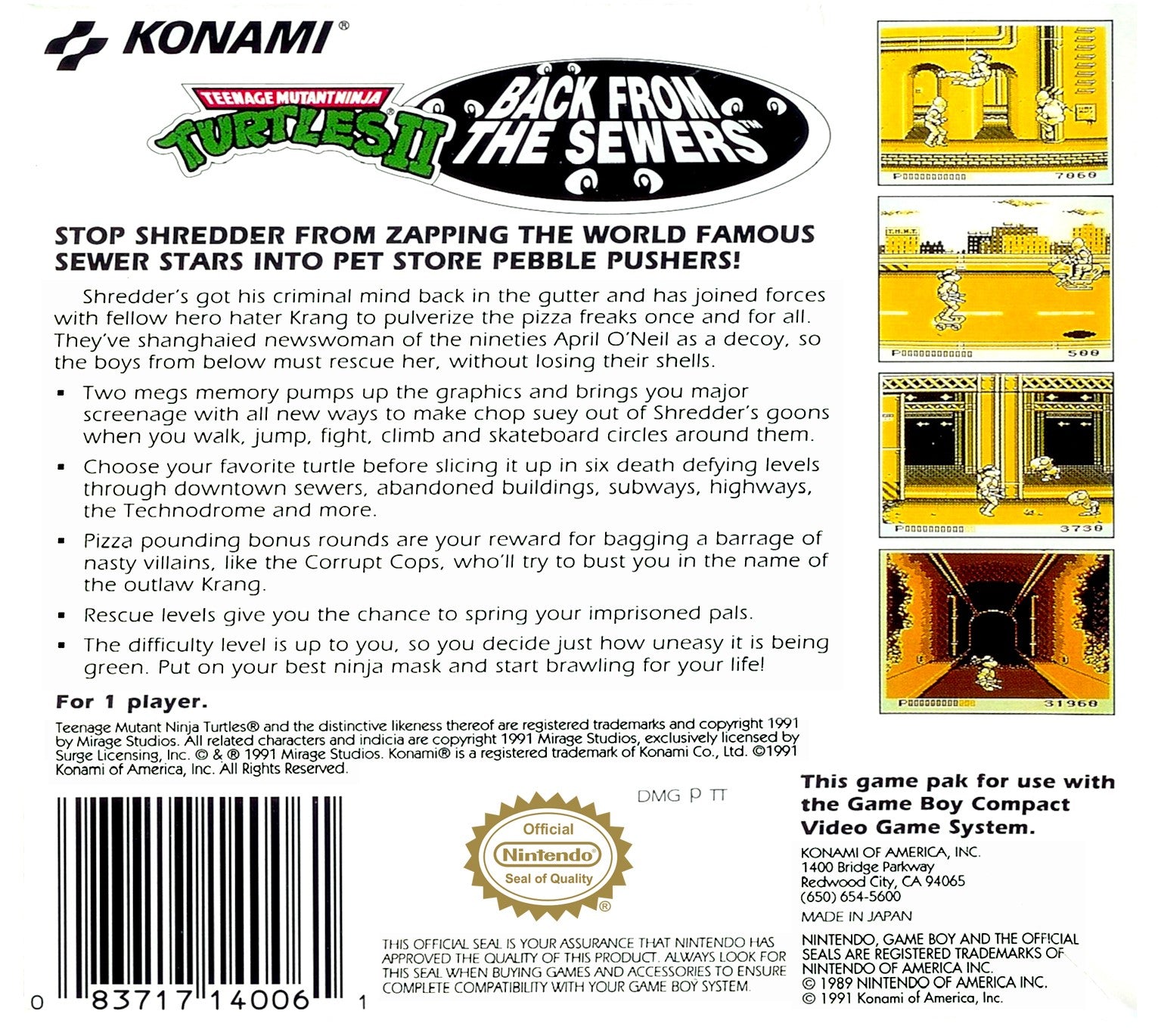 Teenage Mutant Ninja Turtles II: Back From the Sewers Game Boy - Video Game - Used - CaveGamers - Image 2