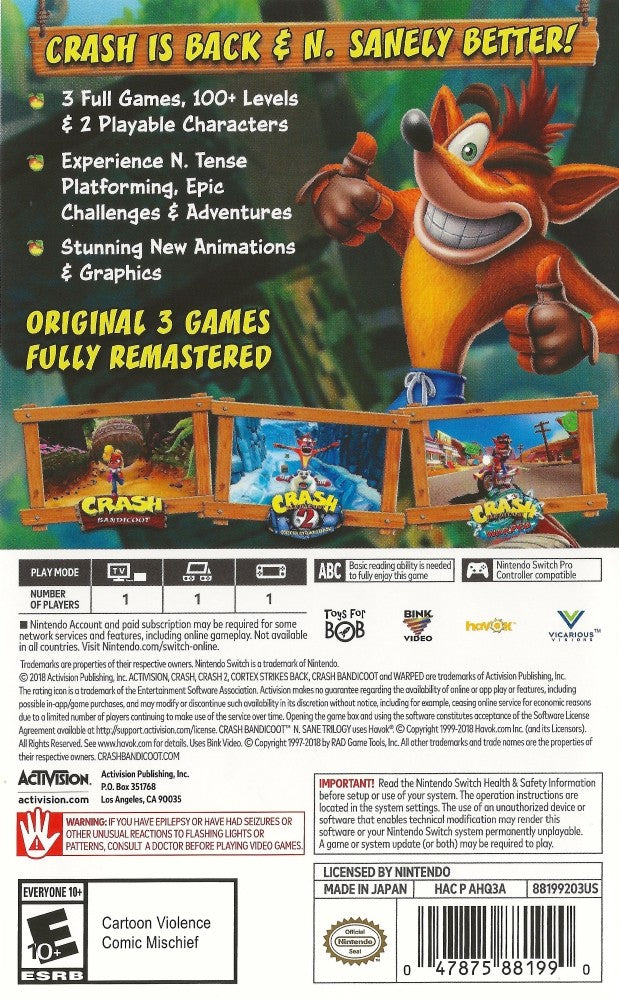 Crash Bandicoot N. Sane Trilogy Switch - Video Game - Used - CaveGamers - Image 2