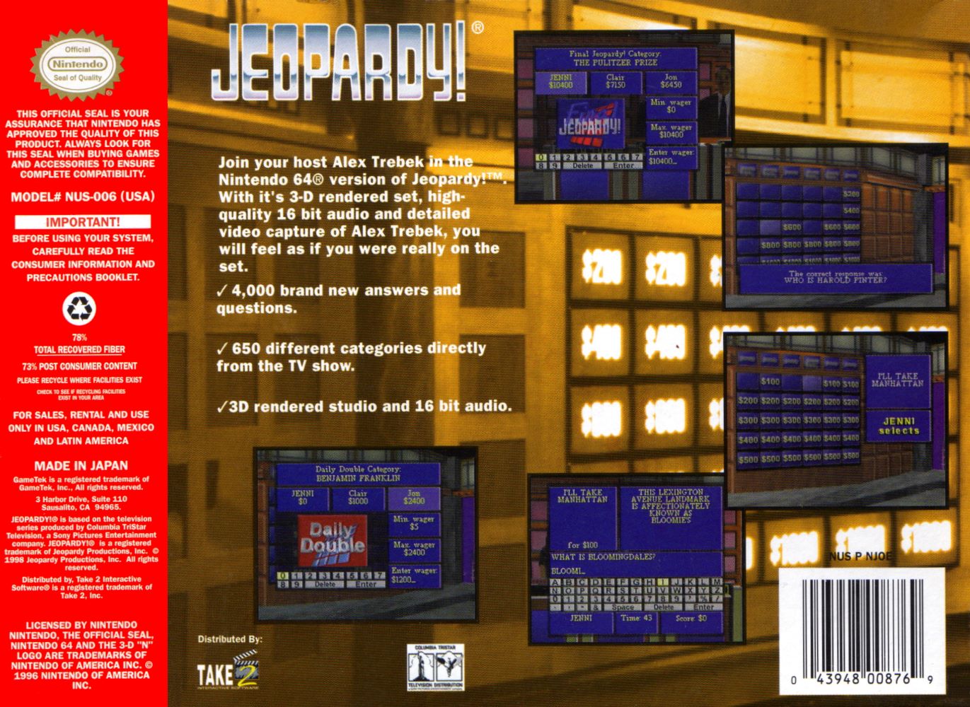 Jeopardy N64 - Video Game - Used - CaveGamers - Image 2