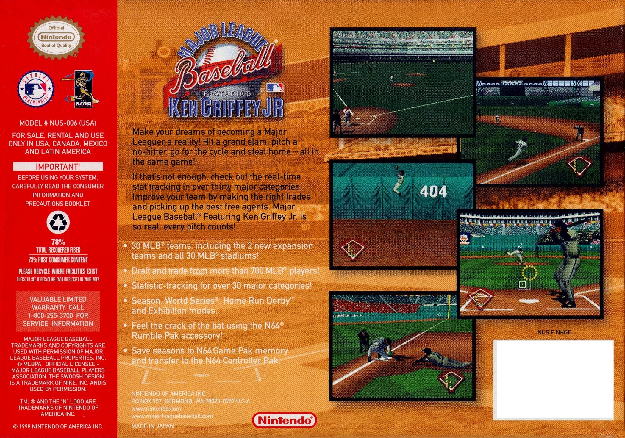 Major League Baseball Featuring Ken Griffey Jr N64 - Video Game - Used - CaveGamers - Image 2