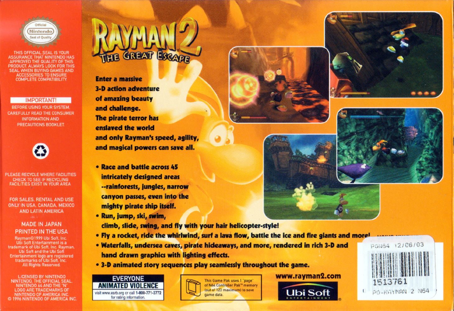 Rayman 2 The Great Escape N64 - Video Game - Used - CaveGamers - Image 2