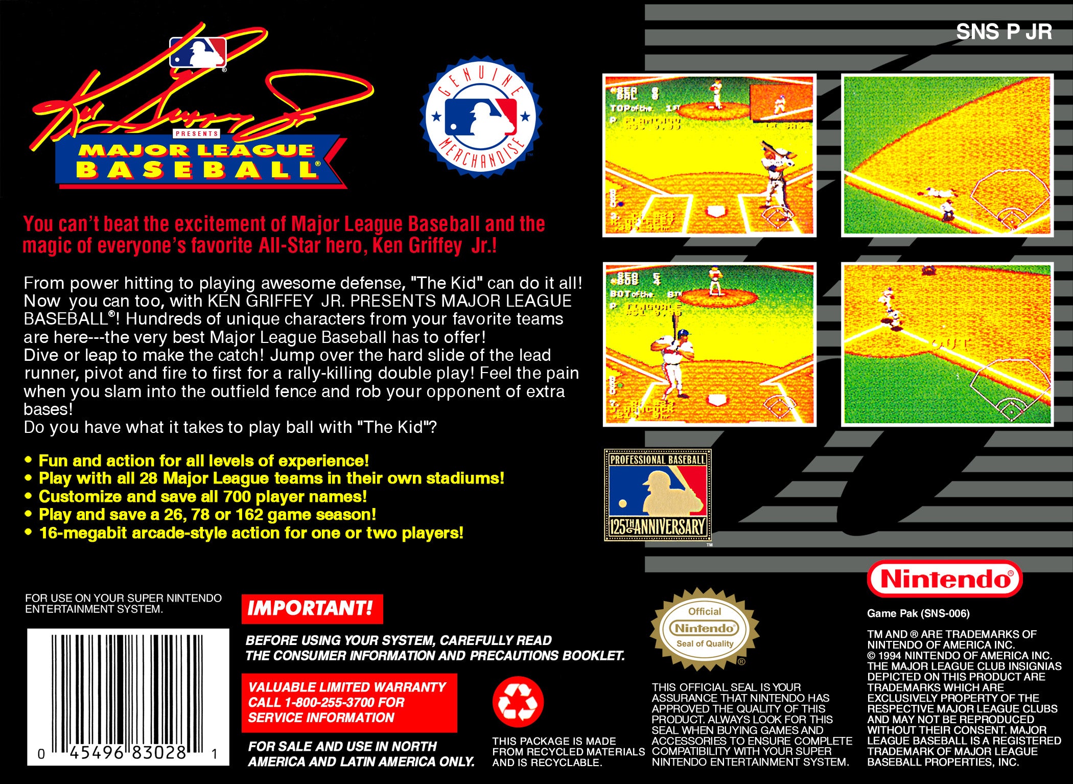 Ken Griffey Jr Major League Baseball SNES - Video Game - Used - CaveGamers - Image 2