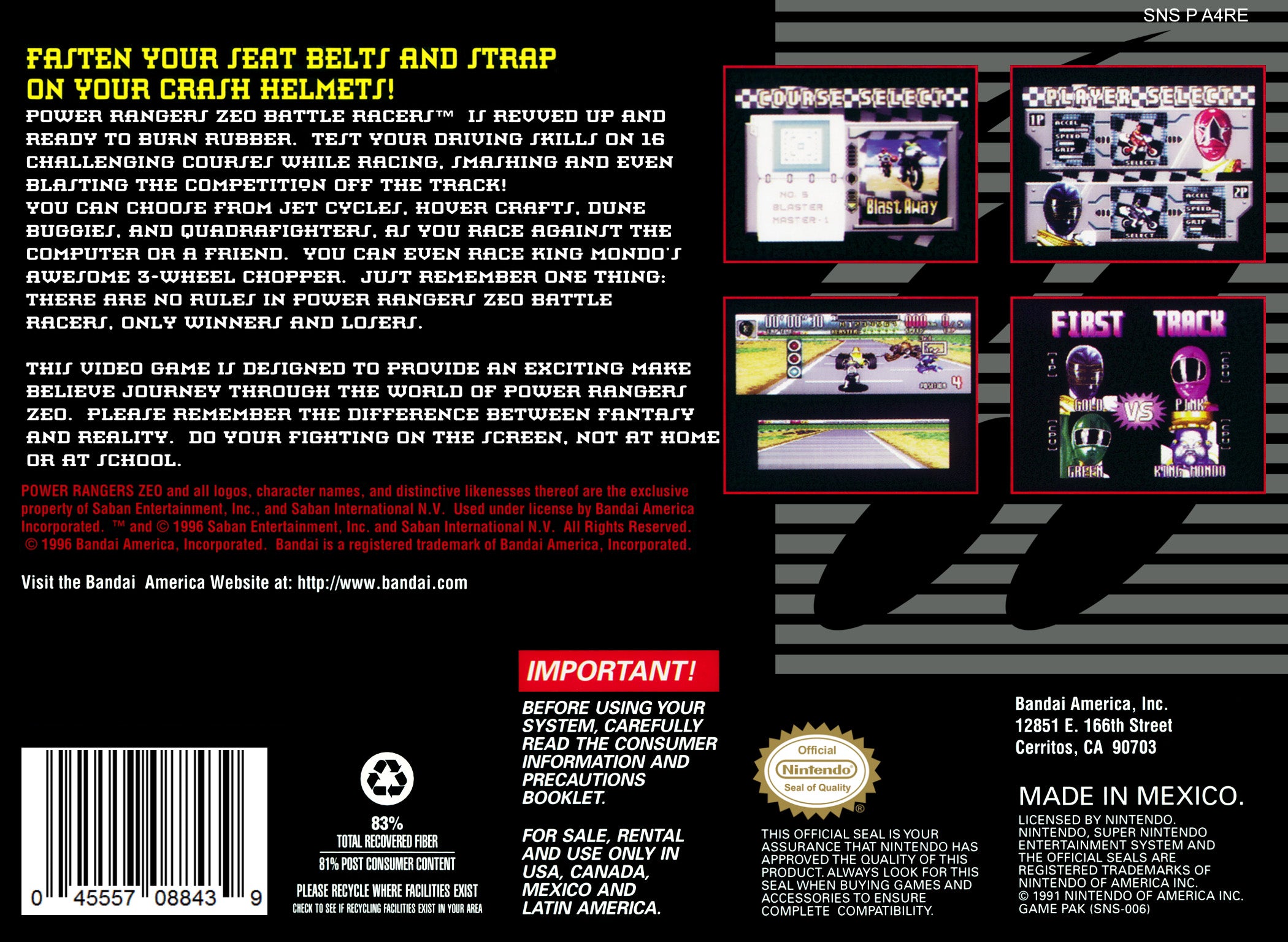 Power Rangers Zeo Battle Racers SNES - Video Game - Used - CaveGamers - Image 2