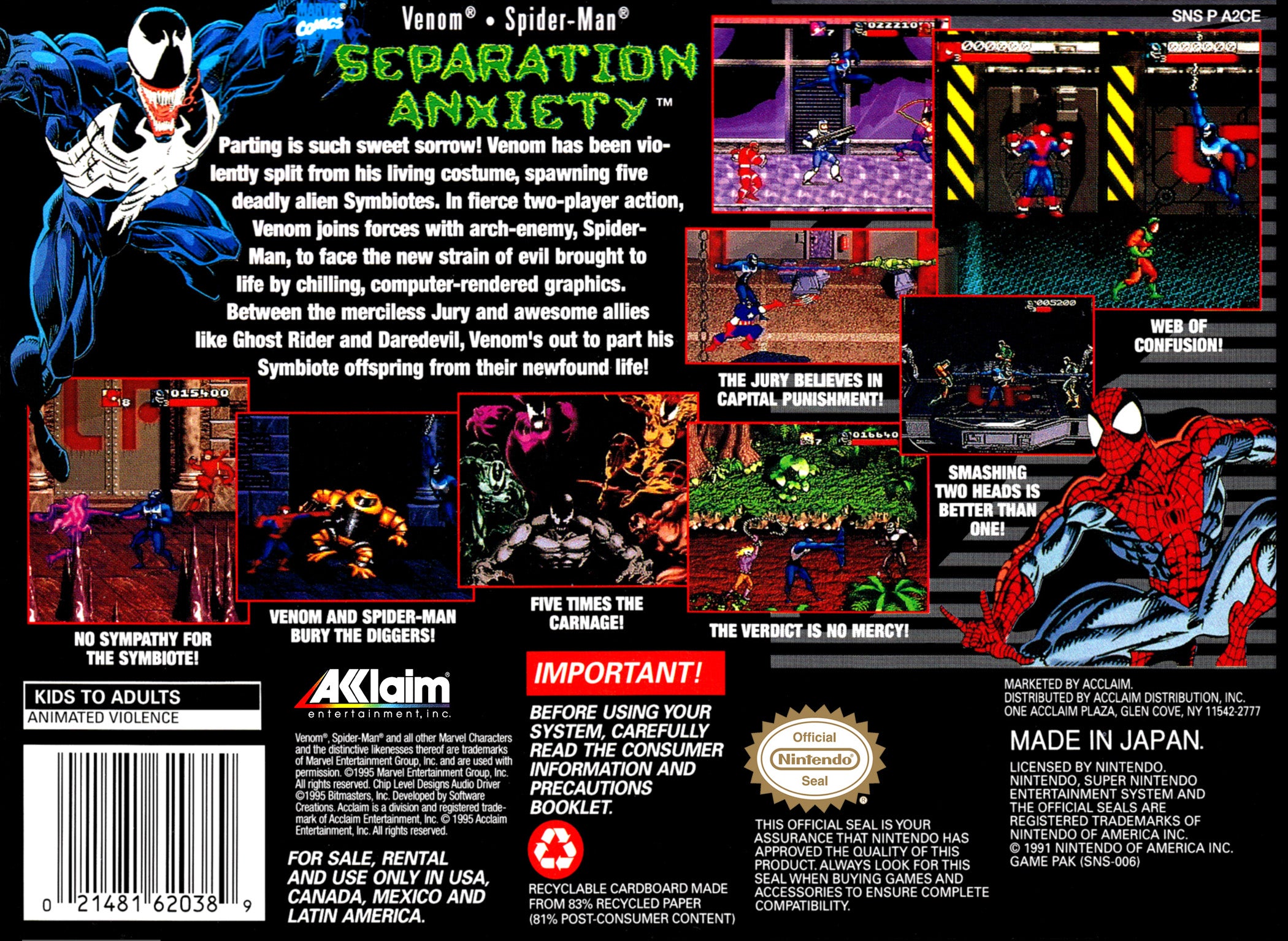 Venom Spider-Man: Separation Anxiety SNES - Video Game - Used - CaveGamers - Image 2