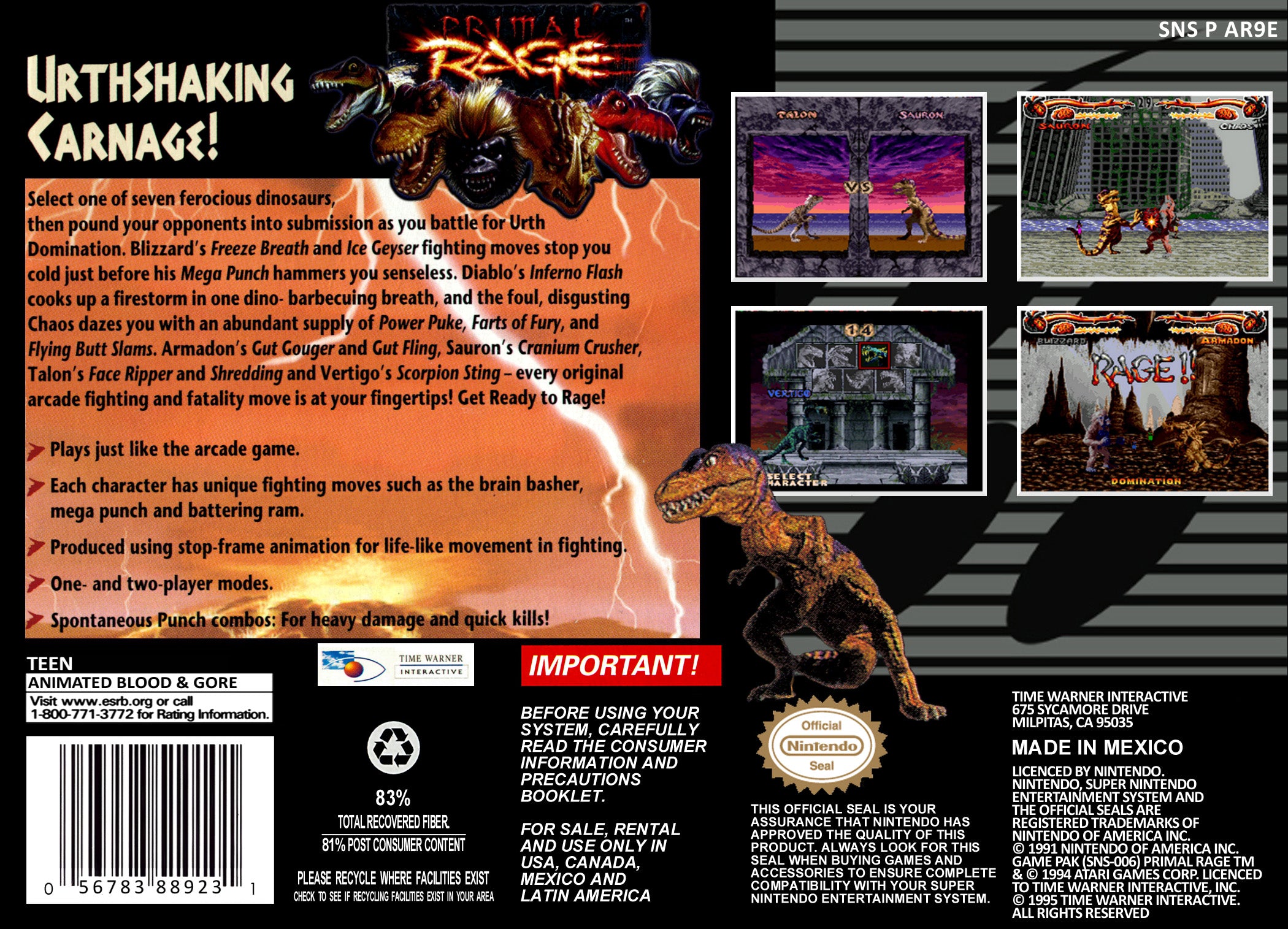 Primal Rage SNES - Video Game - Used - CaveGamers - Image 2