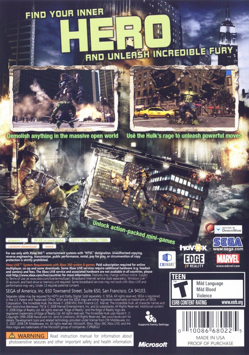 The Incredible Hulk Xbox 360 - Video Game - Used - CaveGamers - Image 2