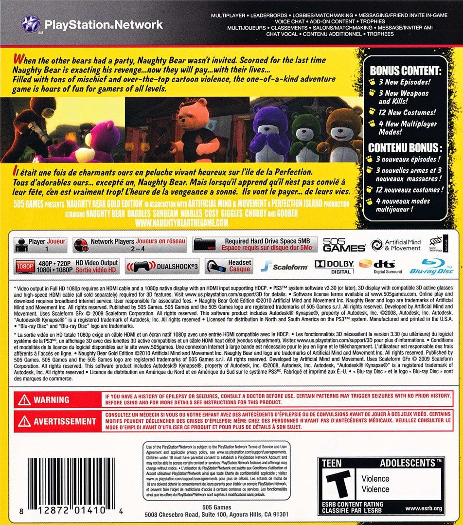 Naughty Bear: Gold Edition PS3 - Video Game - Used - CaveGamers - Image 2