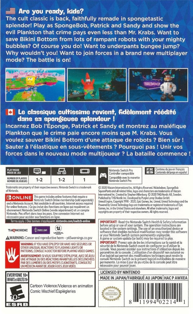 SpongeBob SquarePants Battle for Bikini Bottom Rehydrated Switch - Video Game - Used - CaveGamers - Image 2