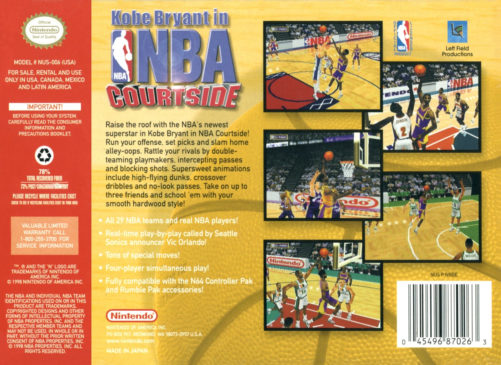 Kobe Bryant In NBA Courtside N64 - Video Game - Used - CaveGamers - Image 2