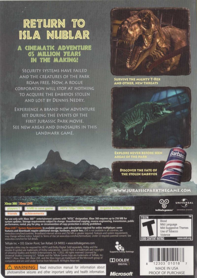Jurassic Park: The Game Xbox 360 - Video Game - Used - CaveGamers - Image 2