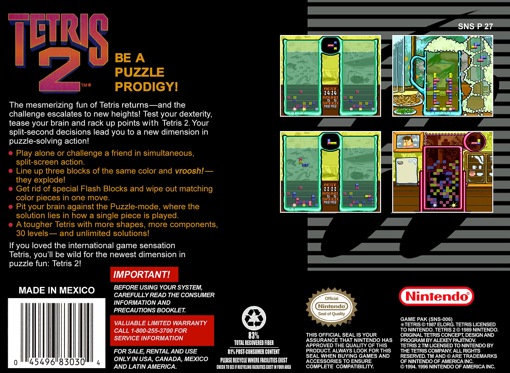 Tetris 2 SNES - Video Game - Used - CaveGamers - Image 2