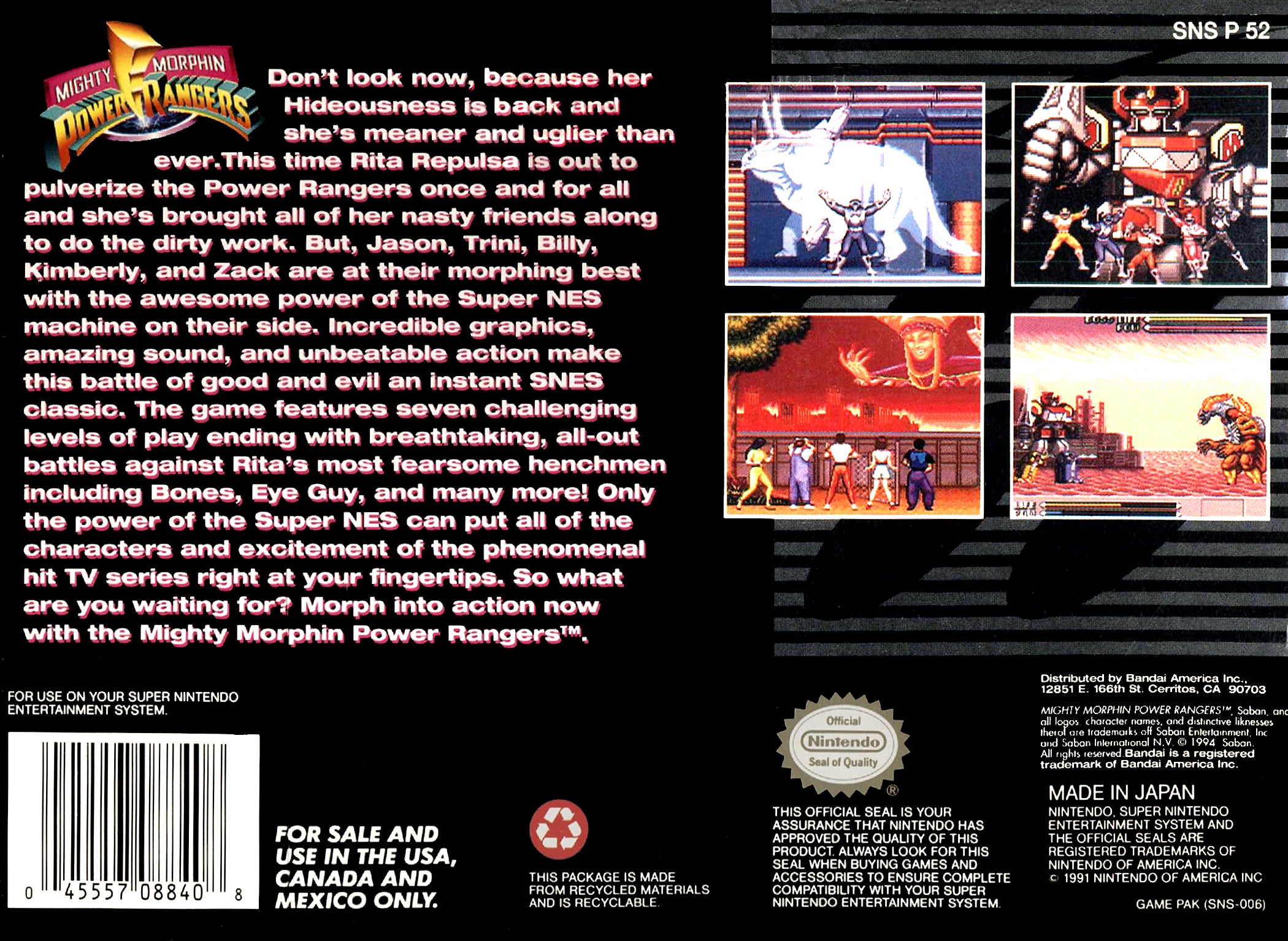 Mighty Morphin Power Rangers SNES - Video Game - Used - CaveGamers - Image 2