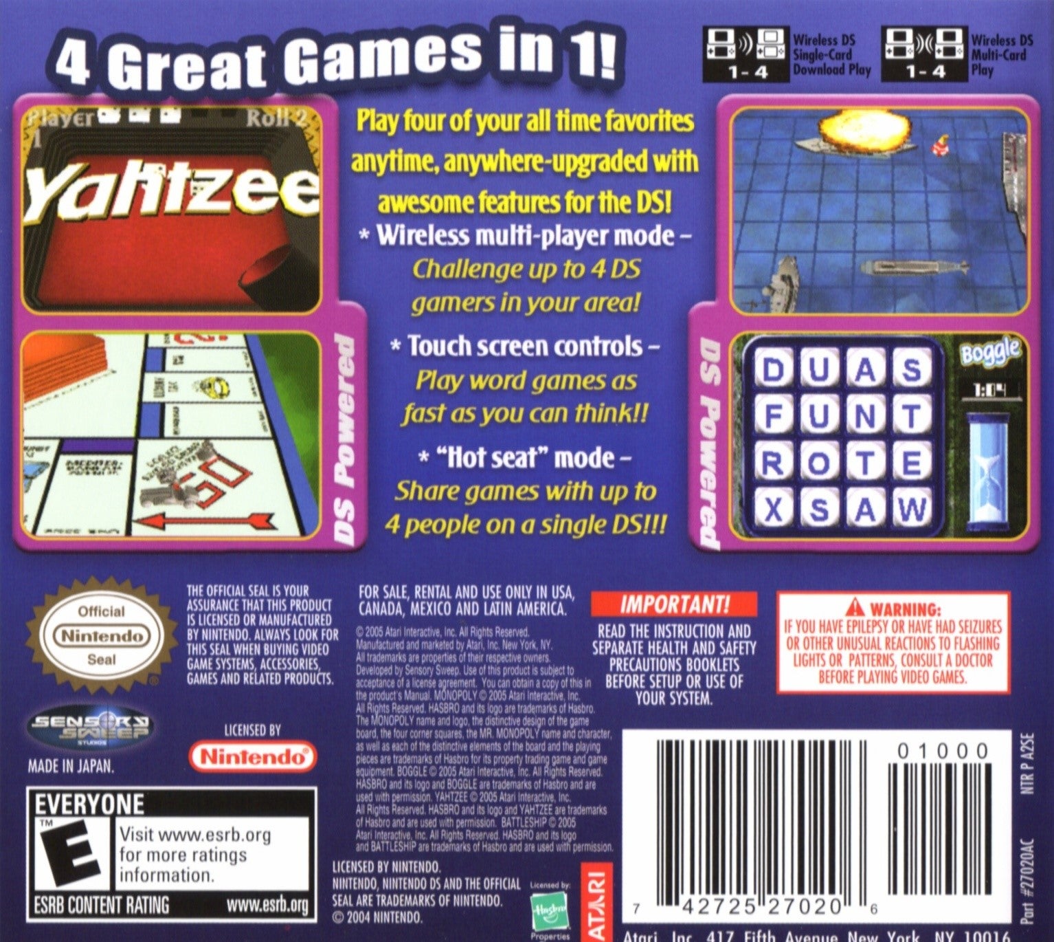 Monopoly/Boggle/Yahtzee/Battleship DS - Video Game - Used - CaveGamers - Image 2