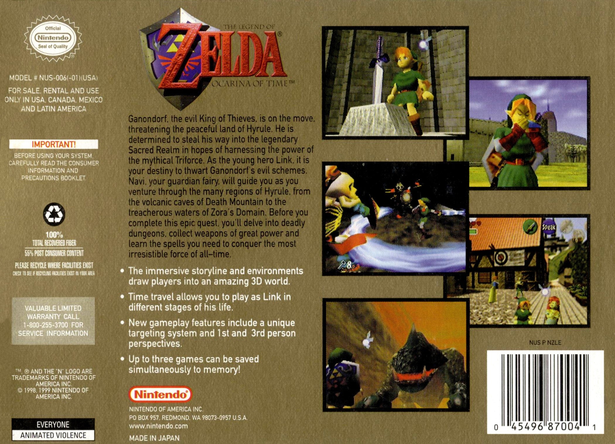 The Legend of Zelda: Ocarina of Time - Collector's Edition (Gold Cartridge) N64 - Video Game - Used - CaveGamers - Image 2
