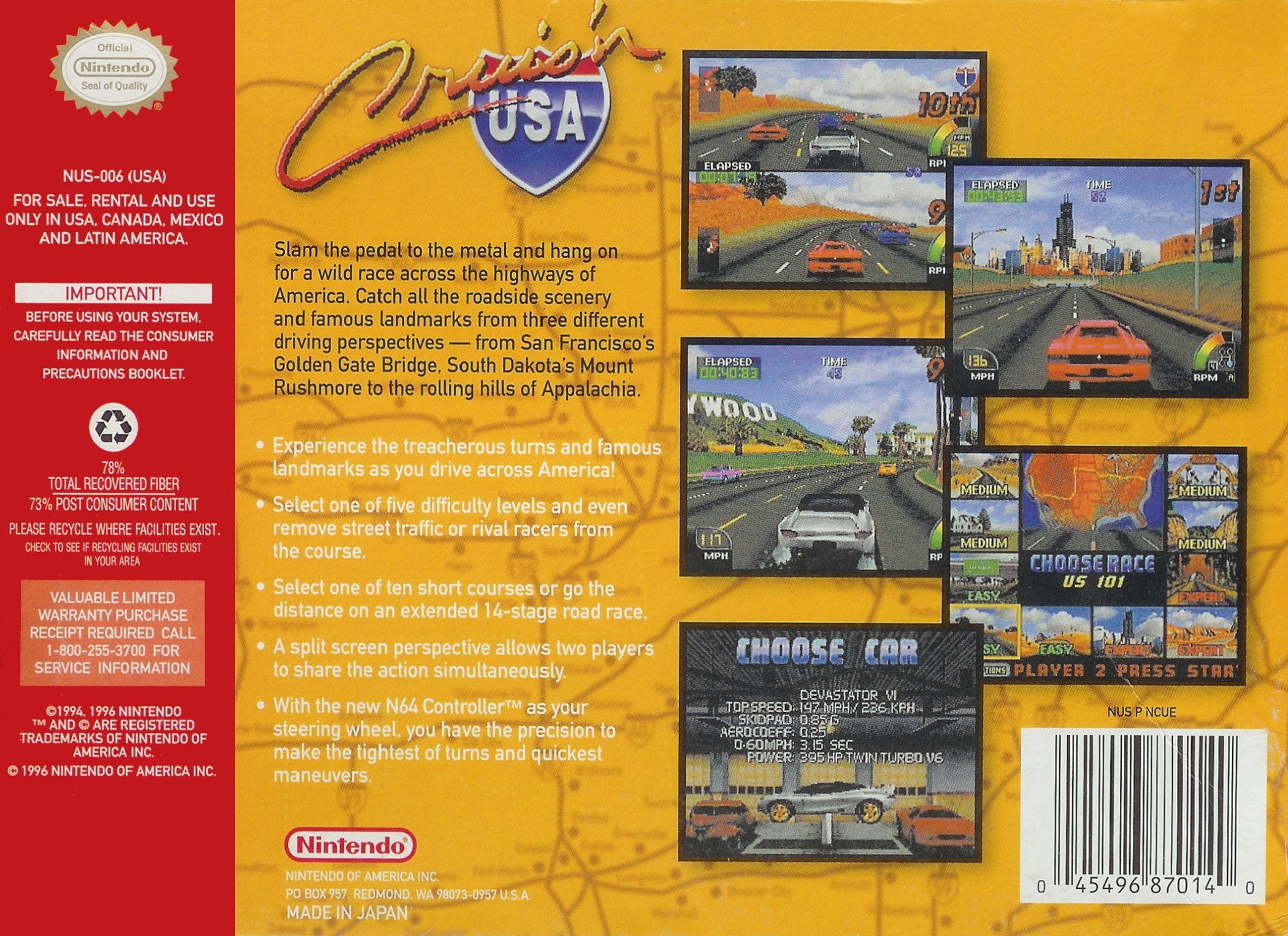 Cruis'n USA N64 - Video Game - Used - CaveGamers - Image 2