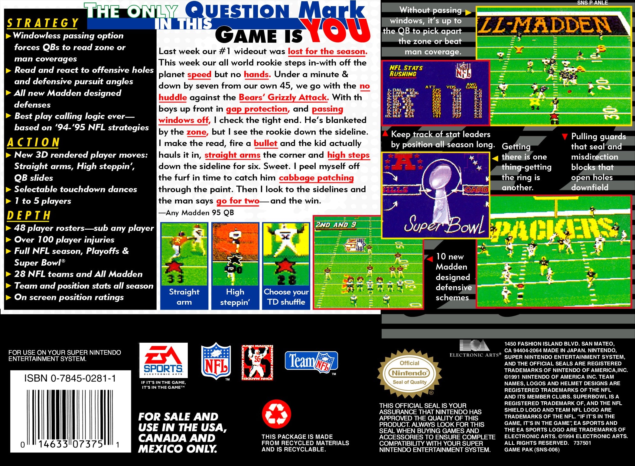 Madden NFL '95 SNES - Video Game - Used - CaveGamers - Image 2