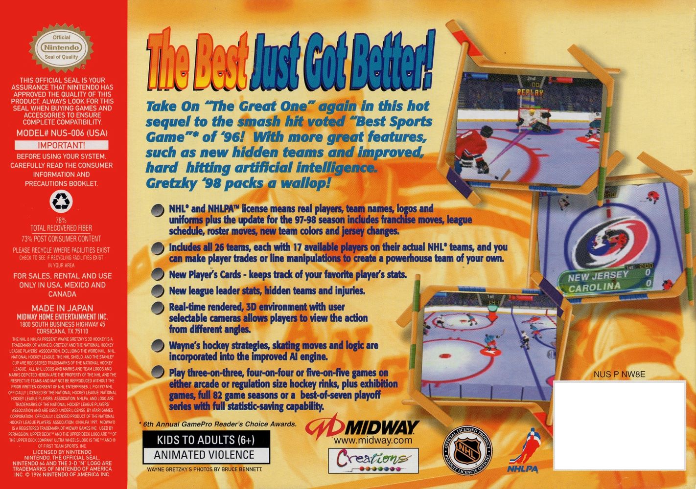 Wayne Gretzky's 3D Hockey 98 N64 - Video Game - Used - CaveGamers - Image 2
