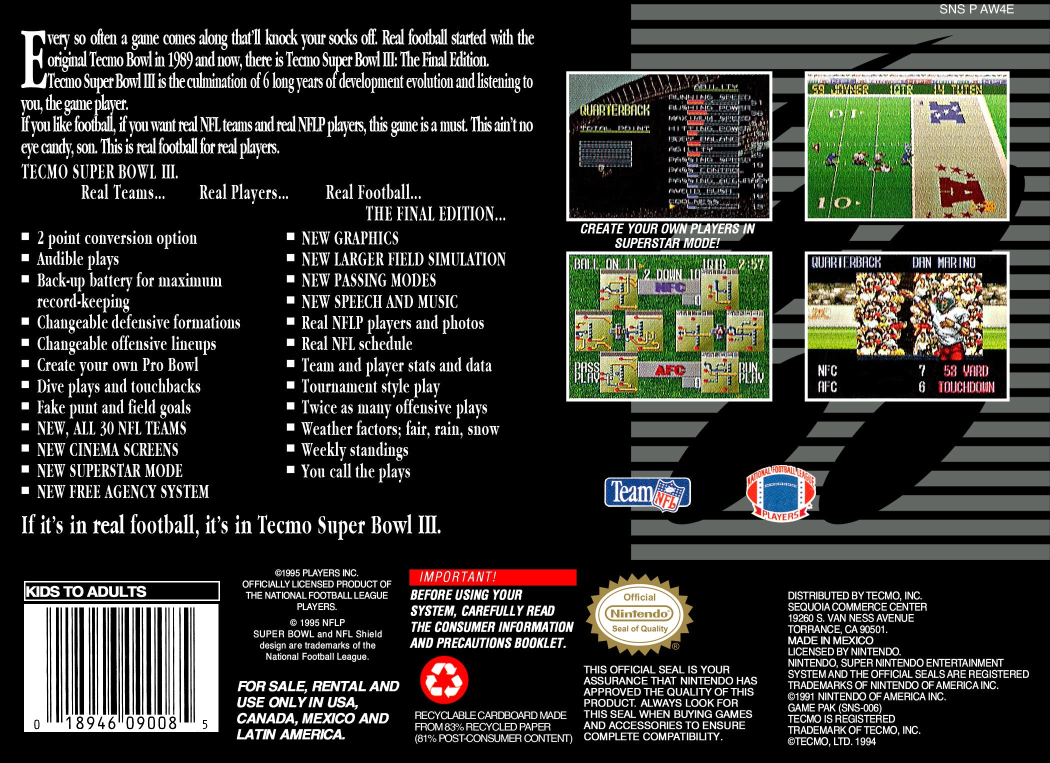 Tecmo Super Bowl III SNES - Video Game - Used - CaveGamers - Image 2