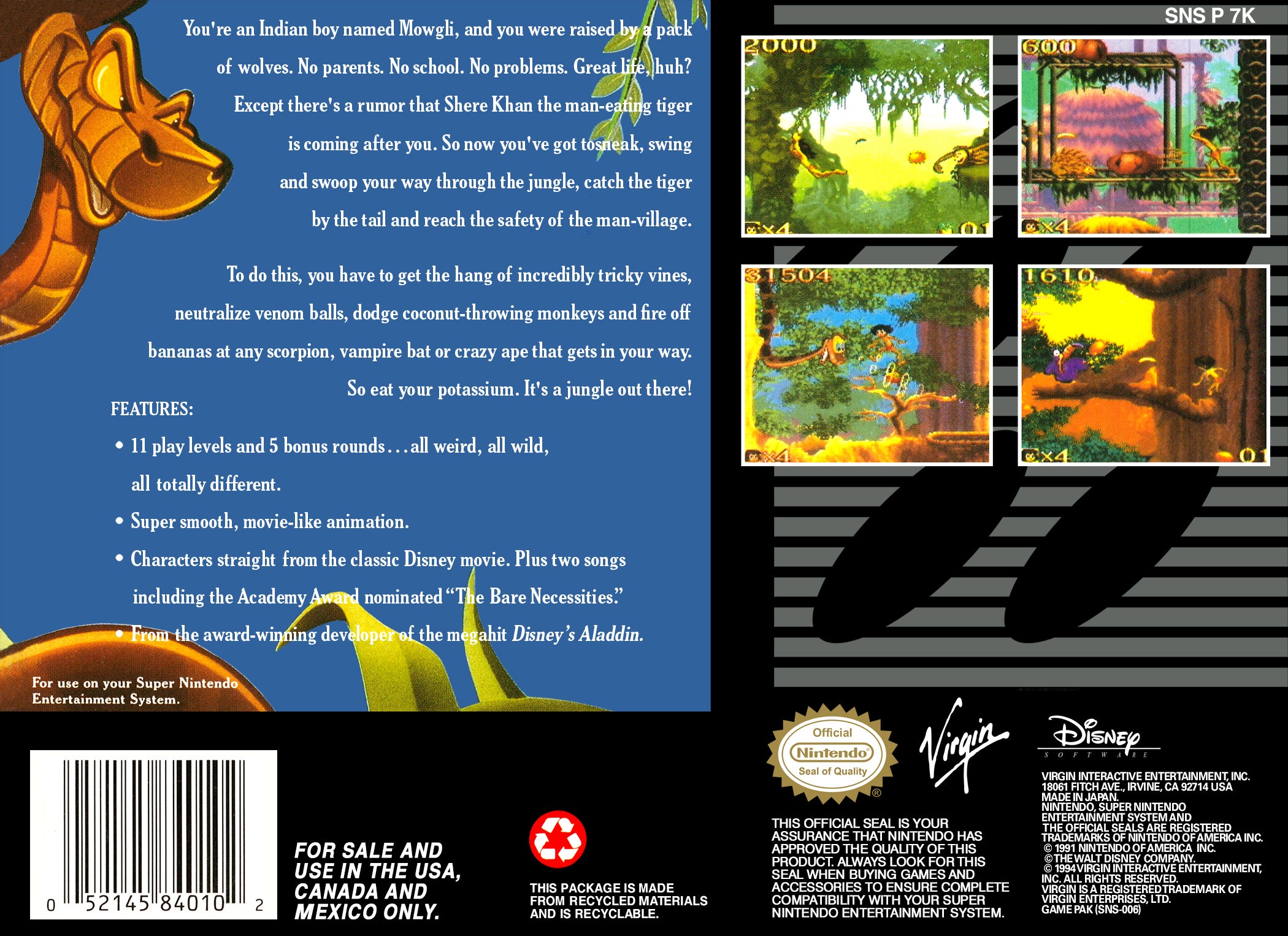 The Jungle Book SNES - Video Game - Used - CaveGamers - Image 2