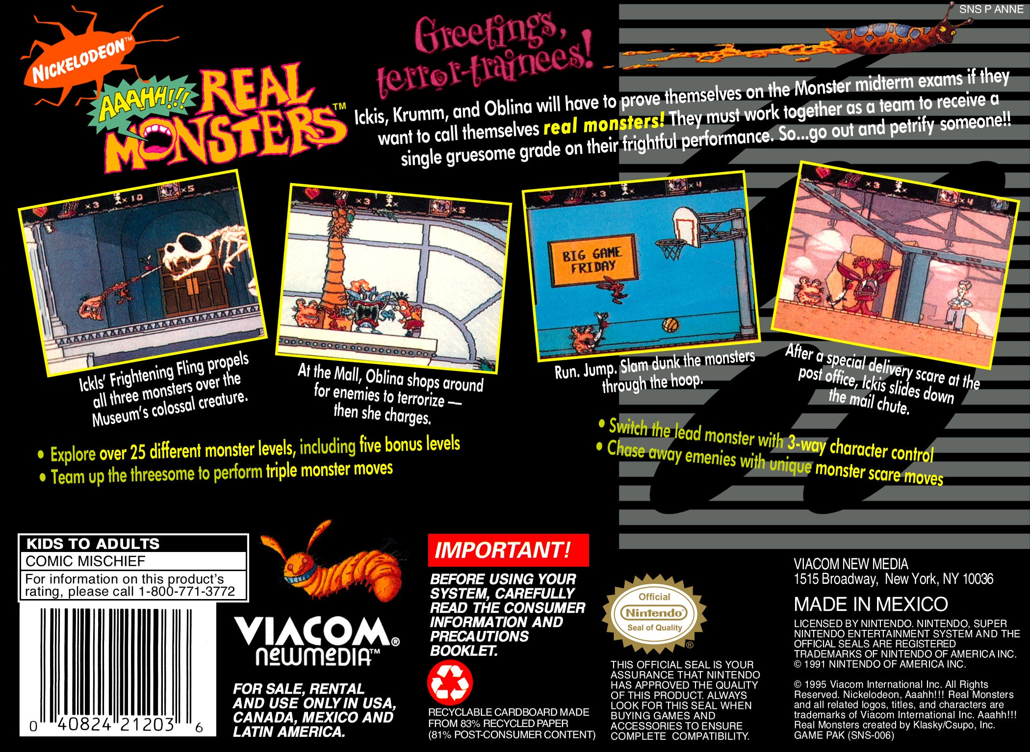 AAAHH Real Monsters SNES - Video Game - Used - CaveGamers - Image 2