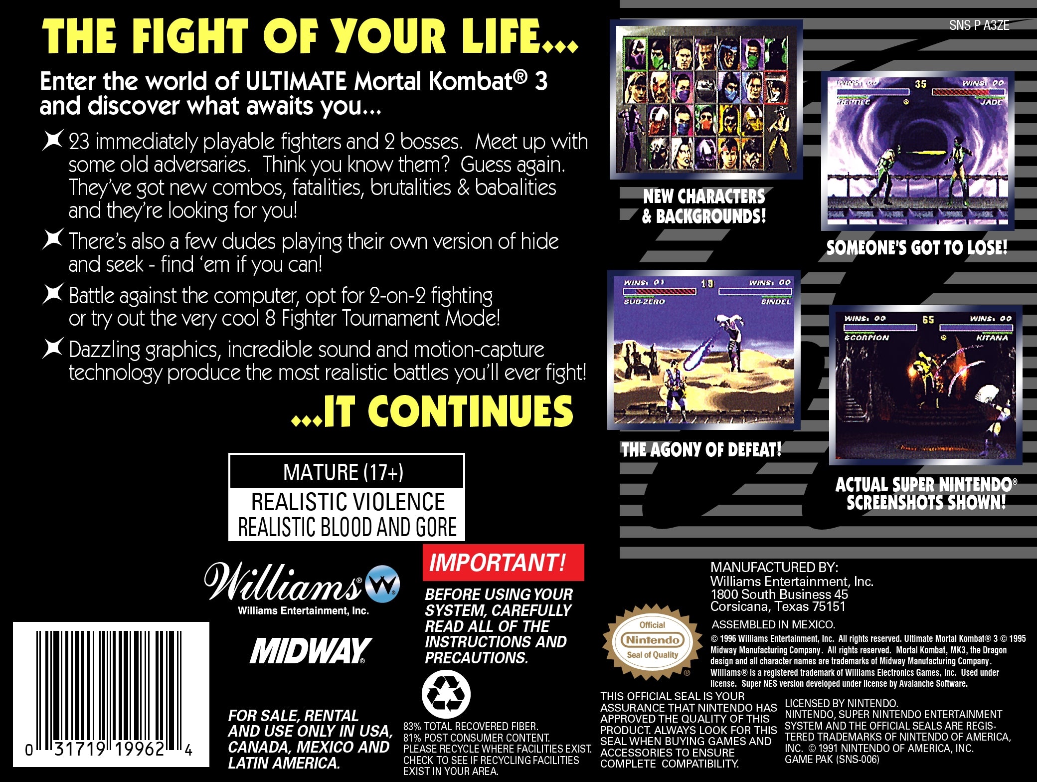 Ultimate Mortal Kombat 3 SNES - Video Game - Used - CaveGamers - Image 2
