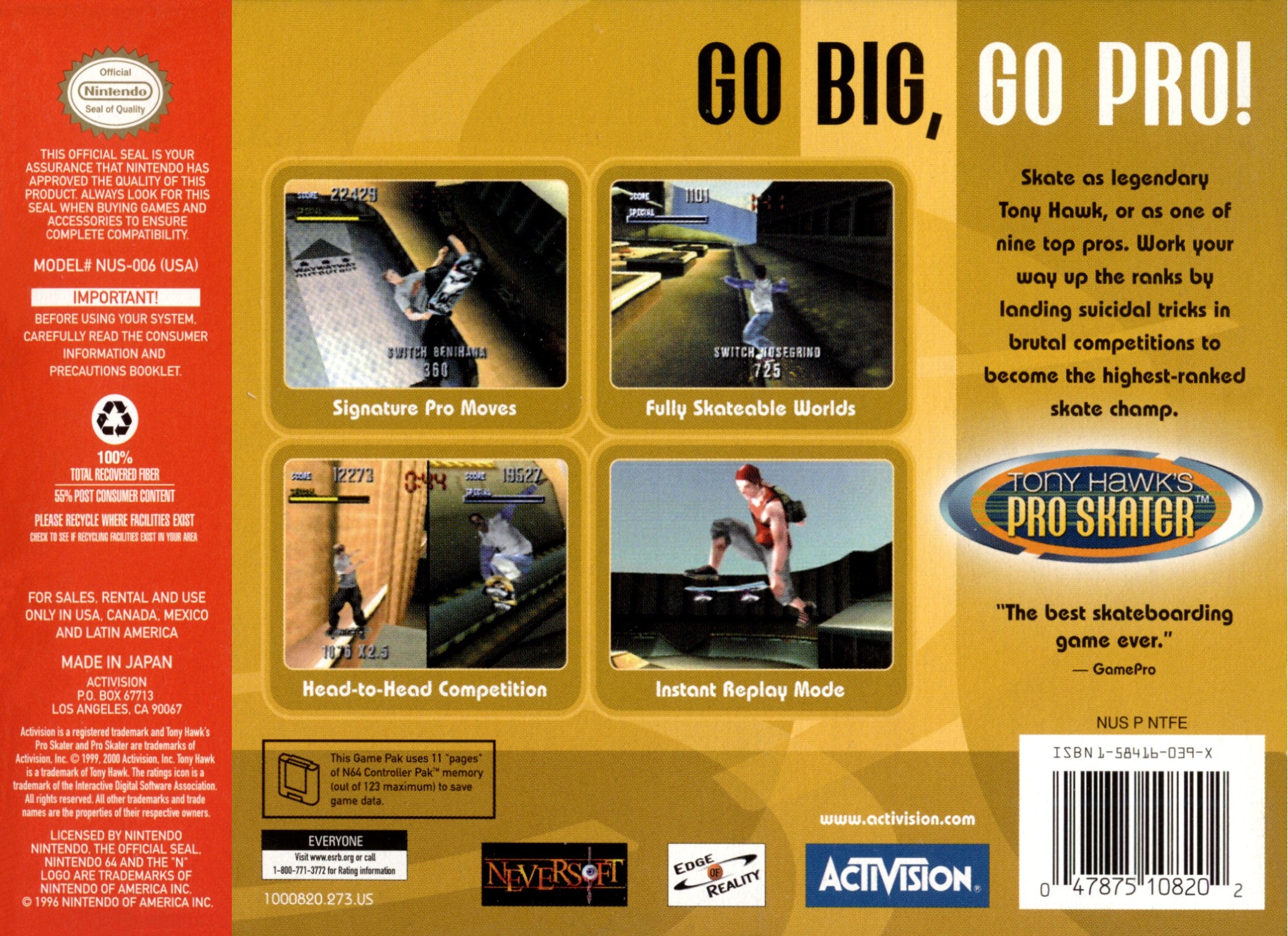 Tony Hawk's Pro Skater N64 - Video Game - Used - CaveGamers - Image 2