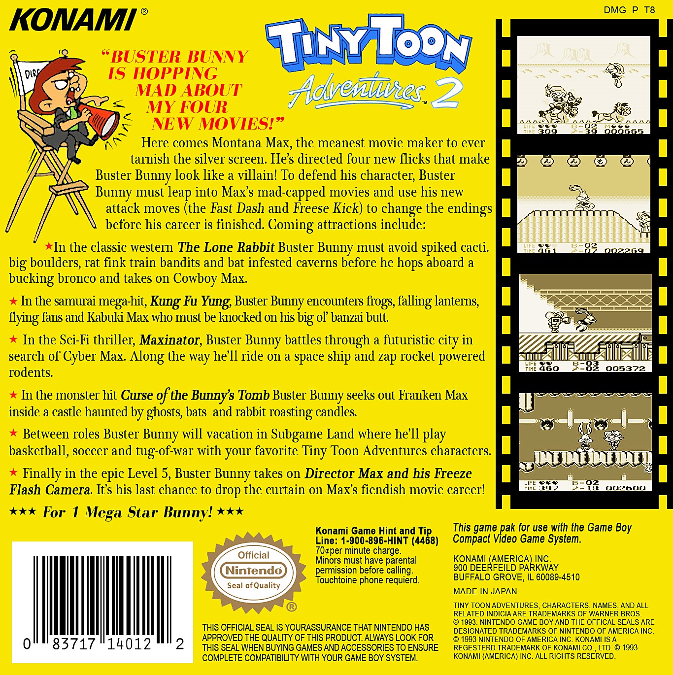 Tiny Toon Adventures: Montana's Movie Madness Game Boy - Video Game - Used - CaveGamers - Image 2